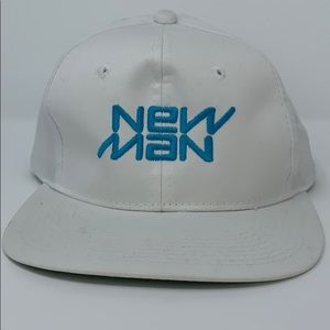 New Man white baseball cap; neon blue embroidered
